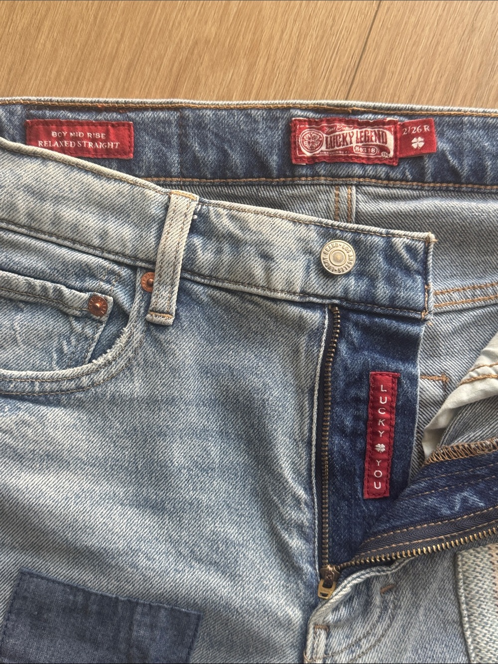 Lucky Legend Boyfriend Mid Rise Relaxed Straight Jeans Patchwork Size 26 - Picture 11 of 16